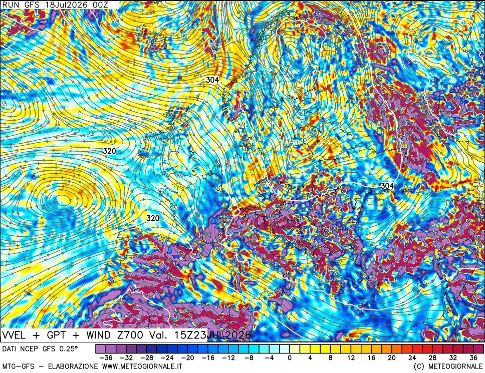 mappa 700 hPa Velocità verticiali + GPT + Vento