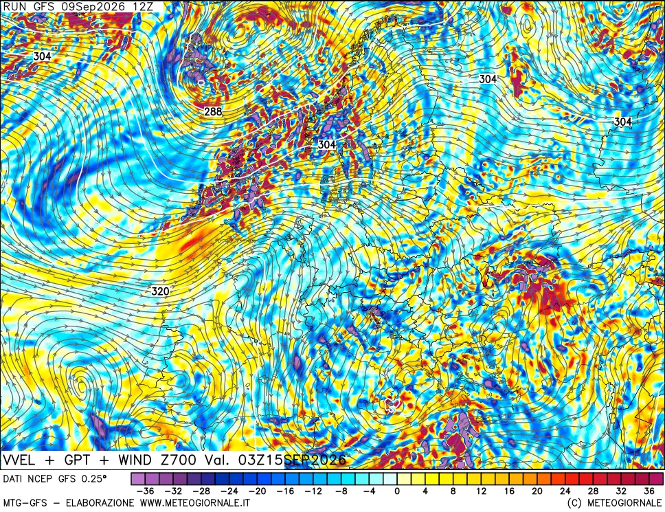 mappa 700 hPa Velocità verticiali + GPT + Vento