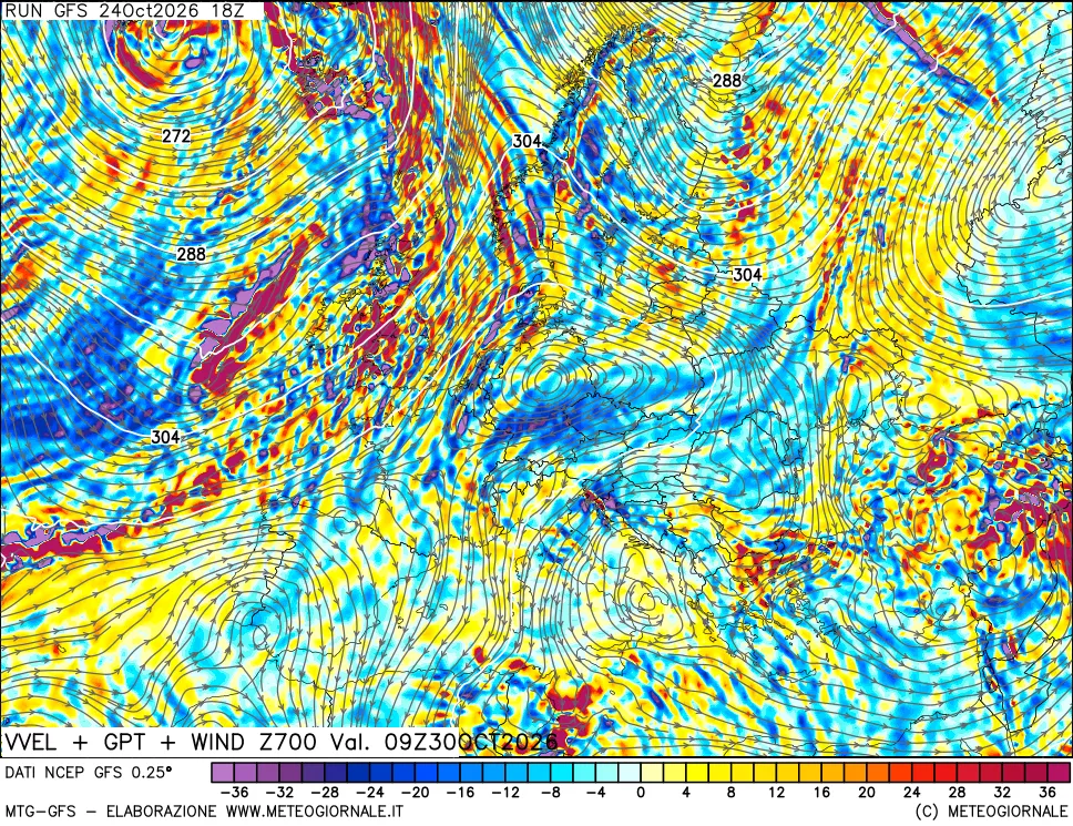 mappa 700 hPa Velocità verticiali + GPT + Vento