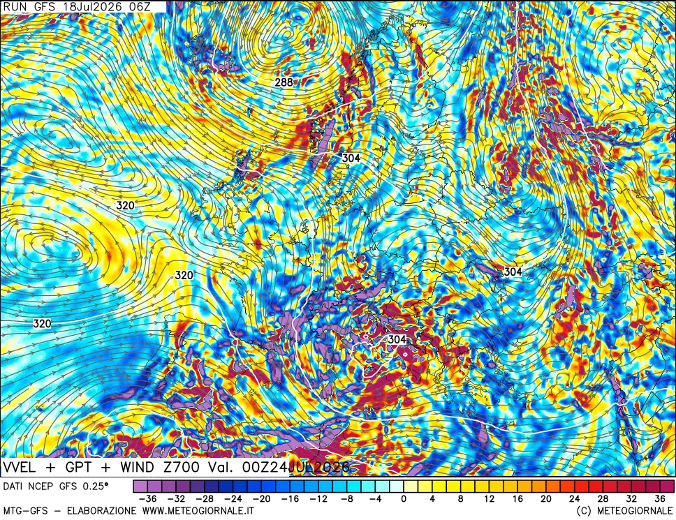 mappa 700 hPa Velocità verticiali + GPT + Vento