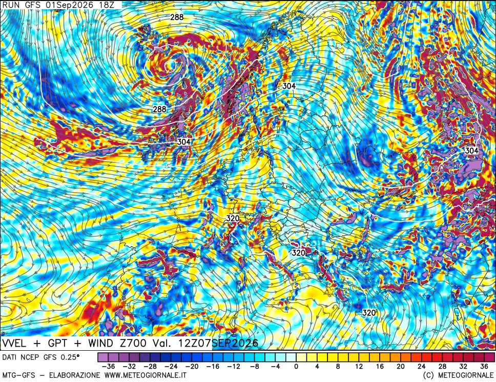 mappa 700 hPa Velocità verticiali + GPT + Vento