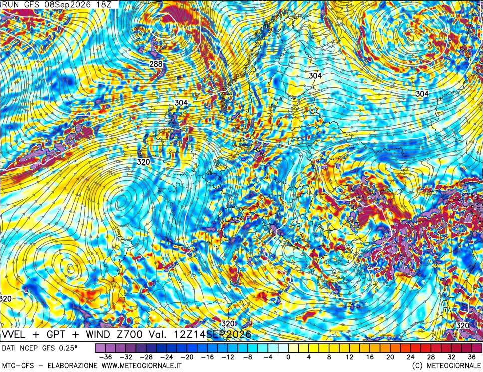 mappa 700 hPa Velocità verticiali + GPT + Vento
