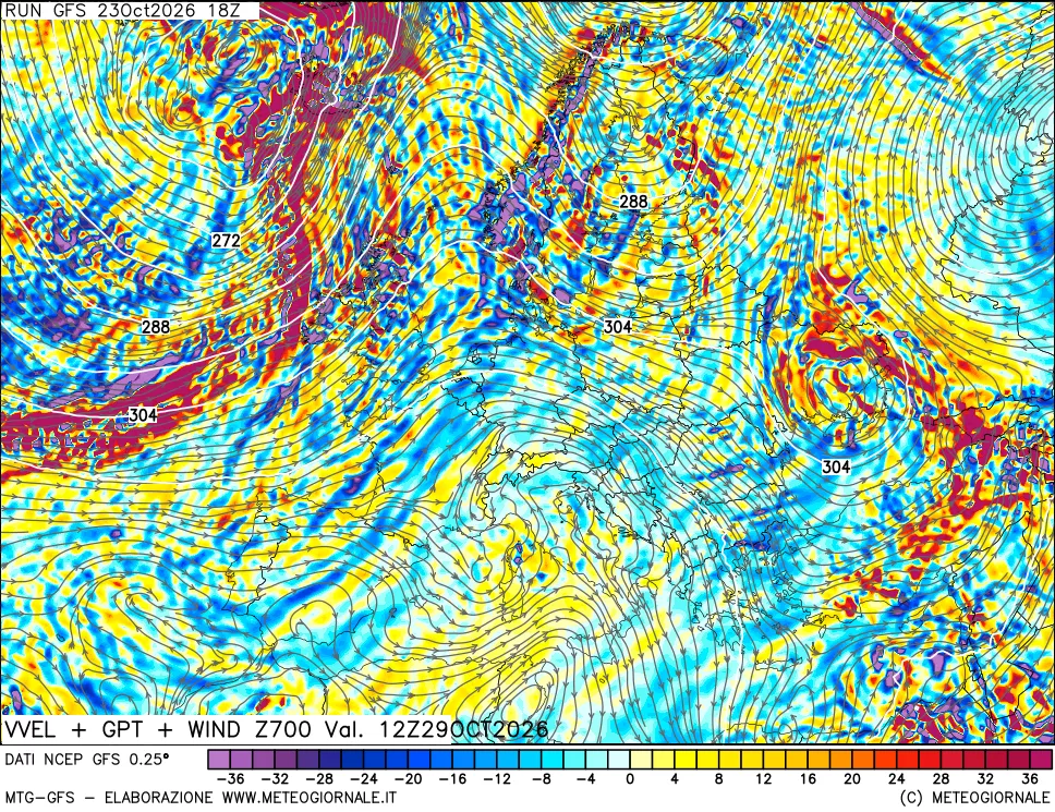 mappa 700 hPa Velocità verticiali + GPT + Vento