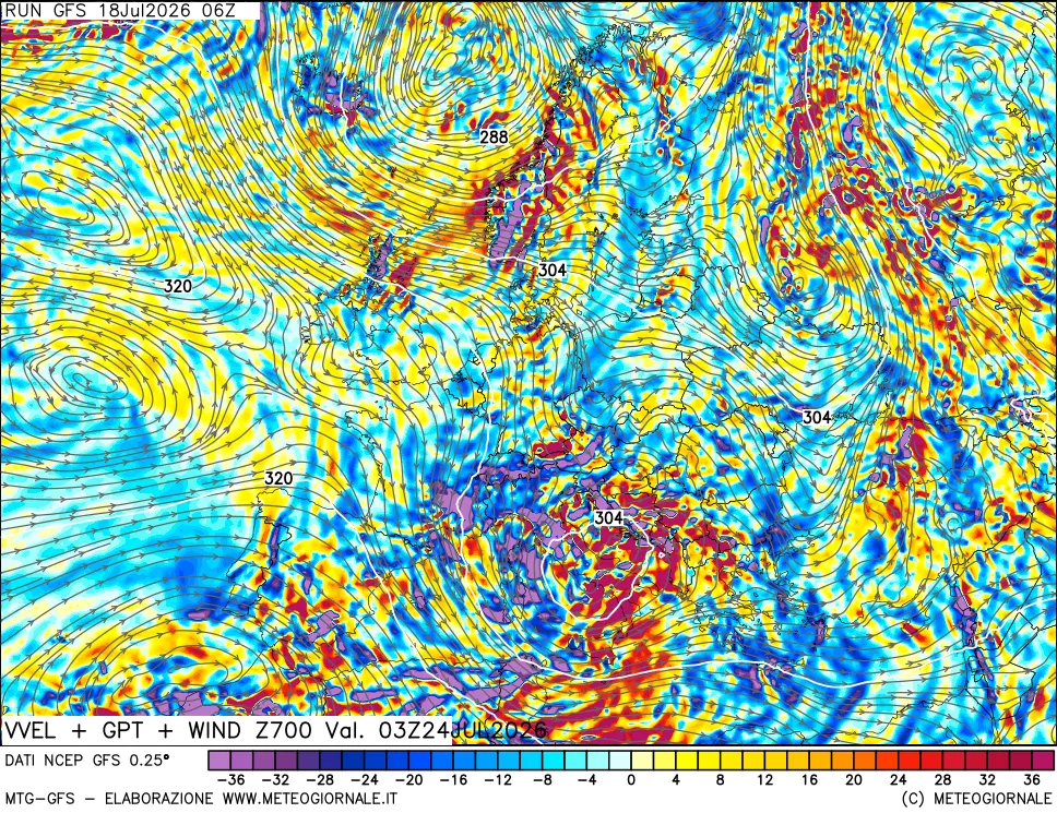 mappa 700 hPa Velocità verticiali + GPT + Vento