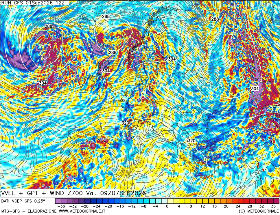 mappa 700 hPa Velocità verticiali + GPT + Vento