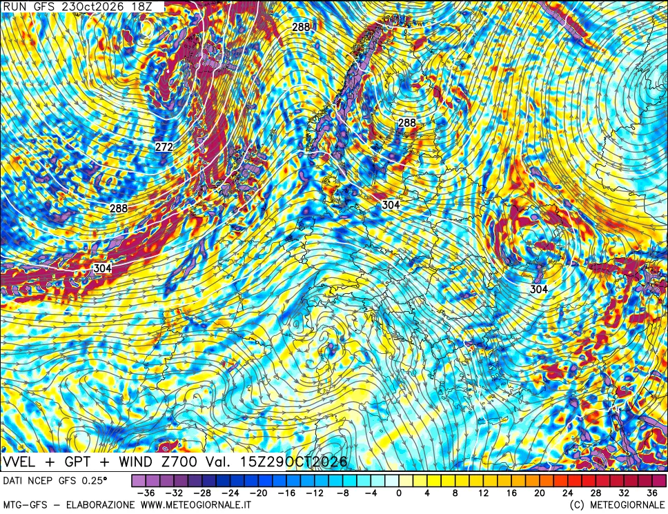 mappa 700 hPa Velocità verticiali + GPT + Vento