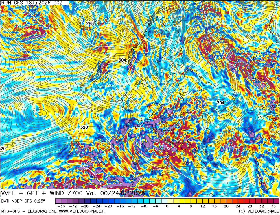 mappa 700 hPa Velocità verticiali + GPT + Vento