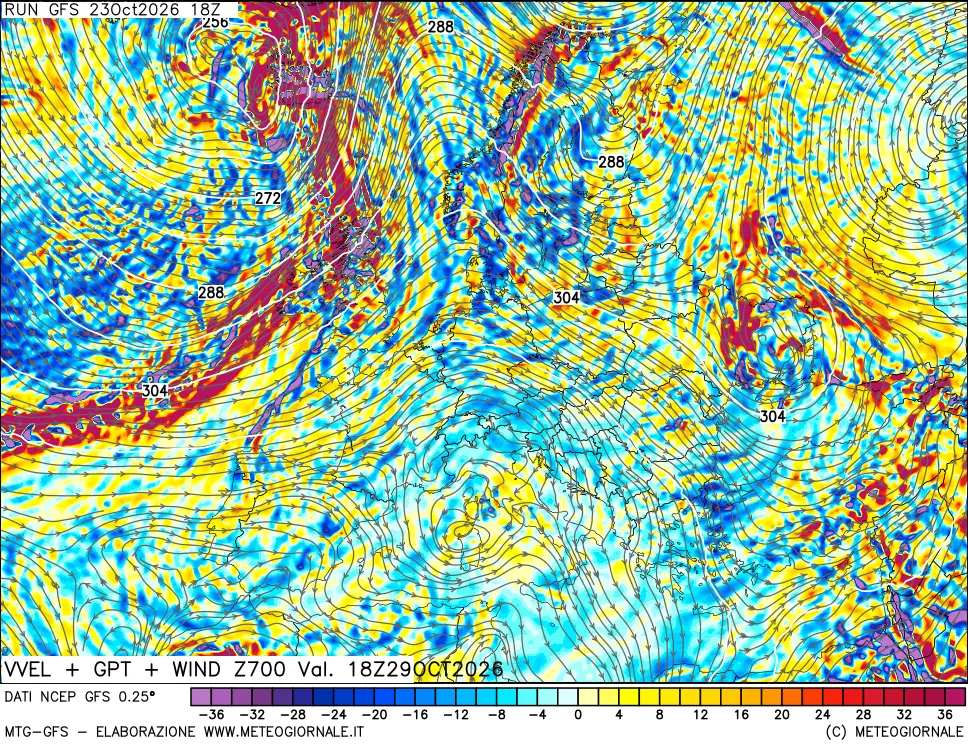 mappa 700 hPa Velocità verticiali + GPT + Vento