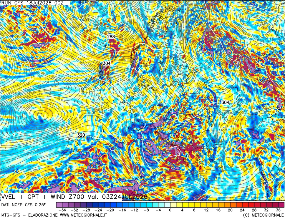 mappa 700 hPa Velocità verticiali + GPT + Vento