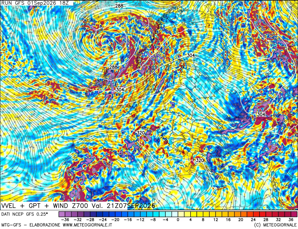 mappa 700 hPa Velocità verticiali + GPT + Vento