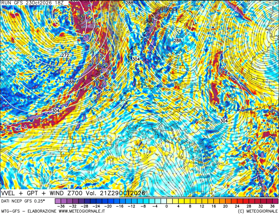 mappa 700 hPa Velocità verticiali + GPT + Vento