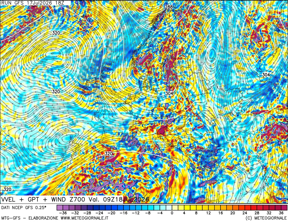 mappa 700 hPa Velocità verticiali + GPT + Vento