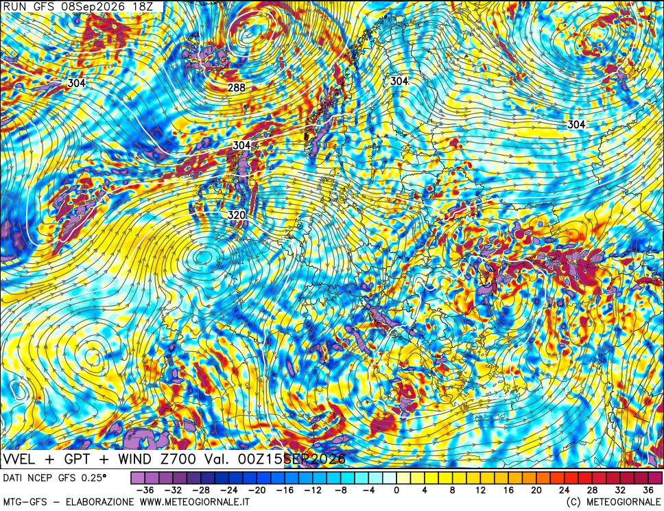 mappa 700 hPa Velocità verticiali + GPT + Vento