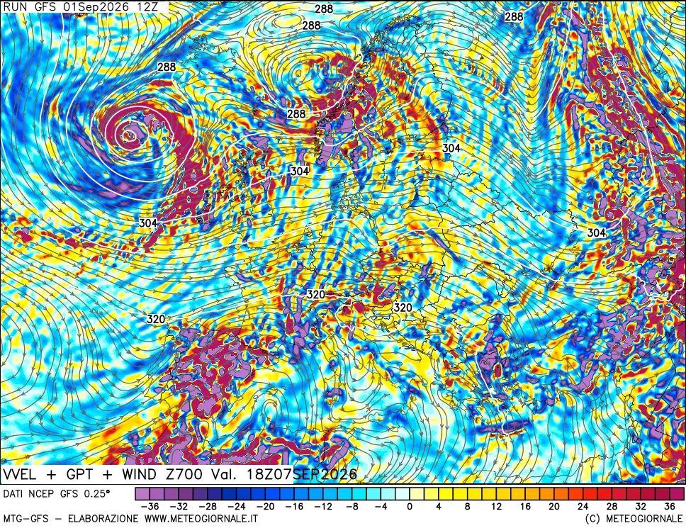 mappa 700 hPa Velocità verticiali + GPT + Vento