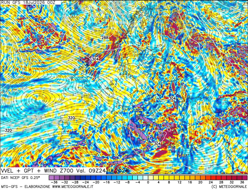 mappa 700 hPa Velocità verticiali + GPT + Vento