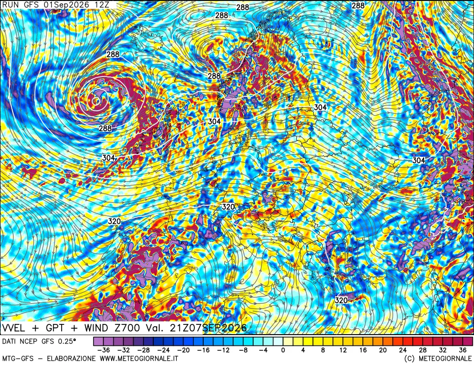 mappa 700 hPa Velocità verticiali + GPT + Vento