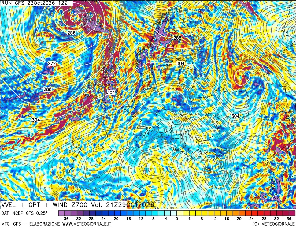 mappa 700 hPa Velocità verticiali + GPT + Vento