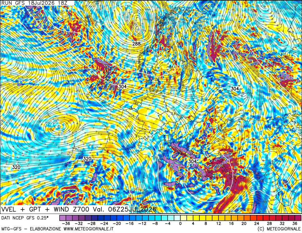 mappa 700 hPa Velocità verticiali + GPT + Vento