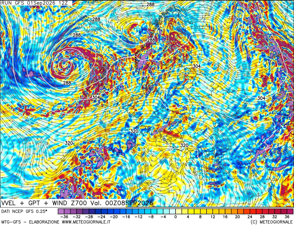 mappa 700 hPa Velocità verticiali + GPT + Vento