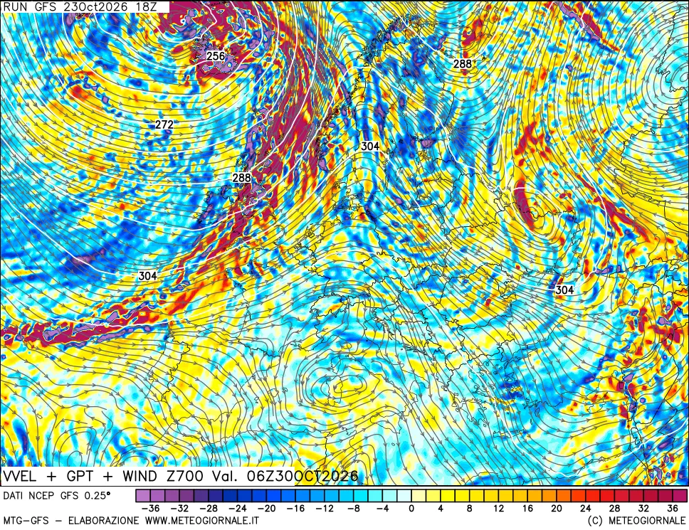 mappa 700 hPa Velocità verticiali + GPT + Vento