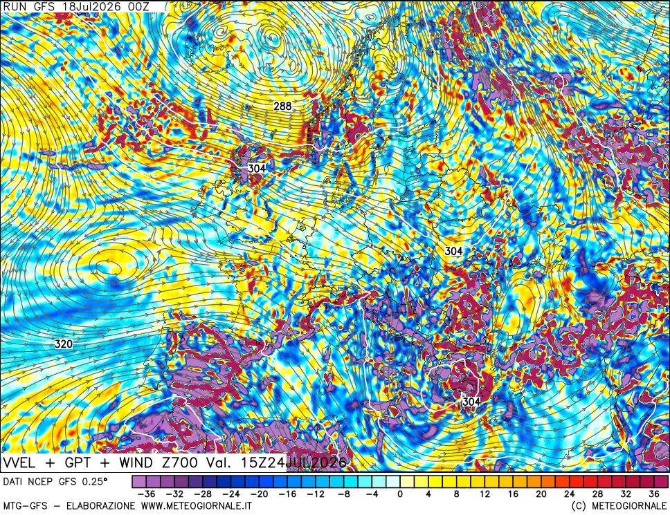 mappa 700 hPa Velocità verticiali + GPT + Vento
