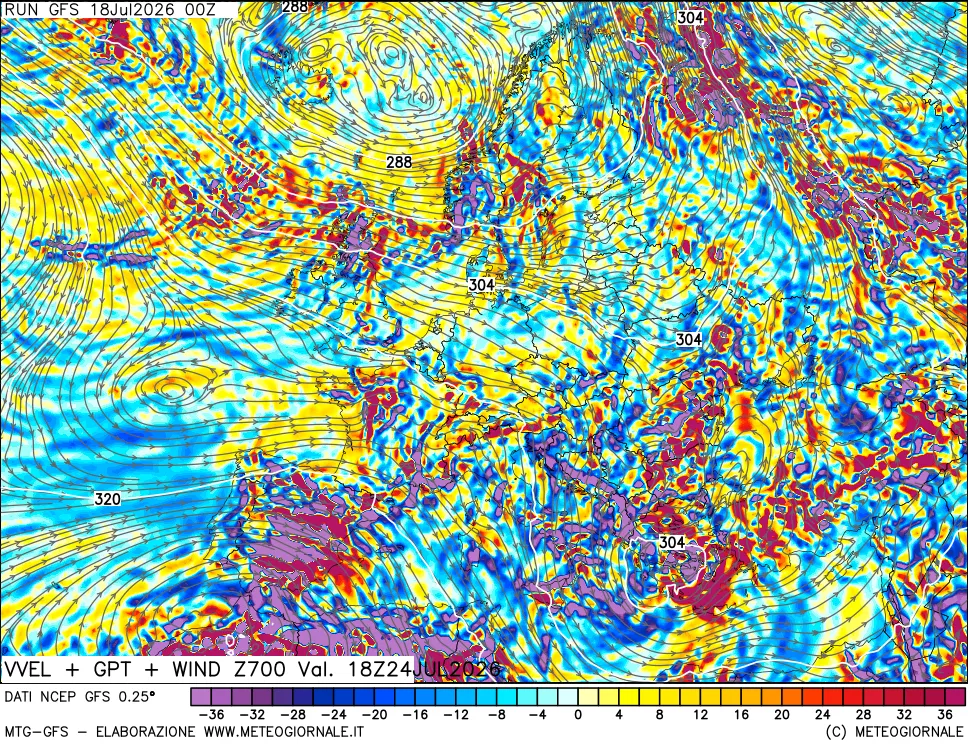 mappa 700 hPa Velocità verticiali + GPT + Vento