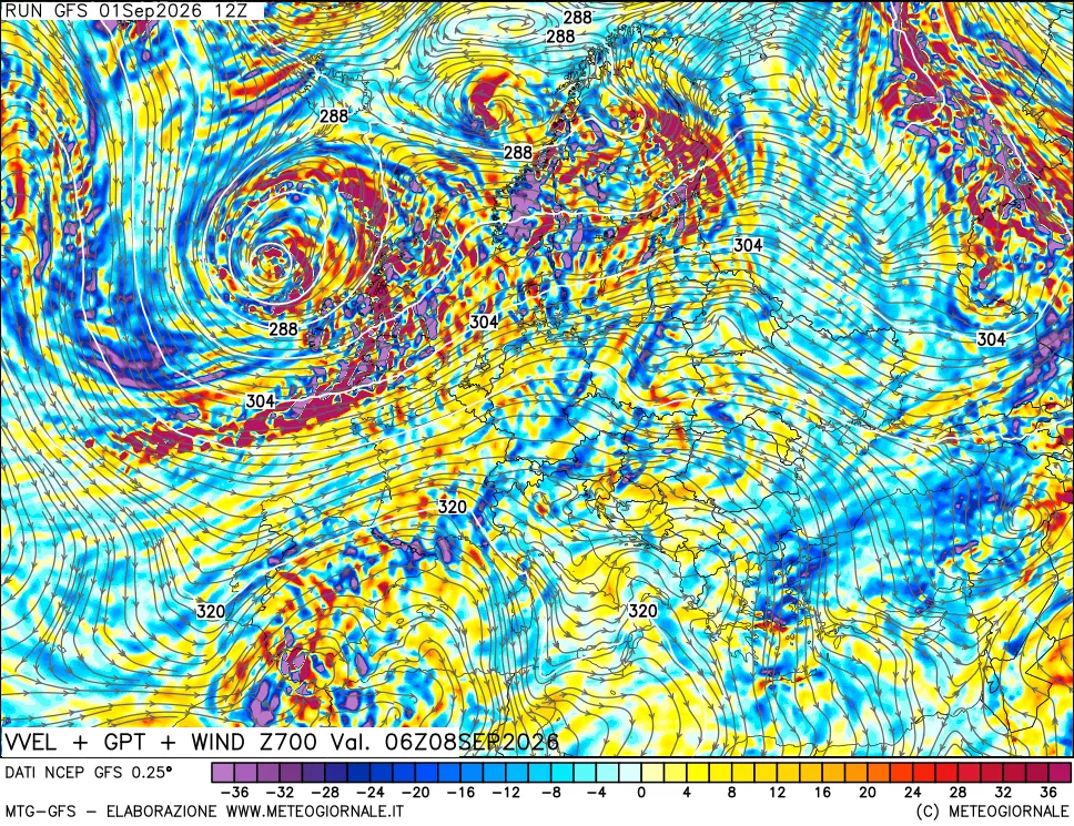 mappa 700 hPa Velocità verticiali + GPT + Vento