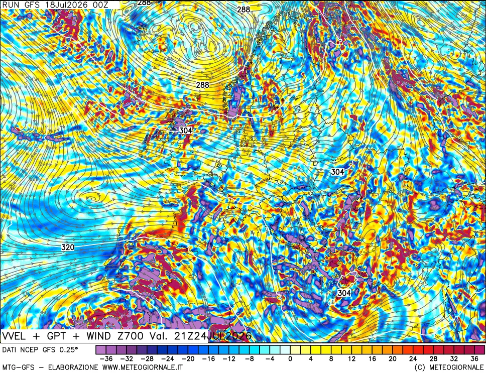 mappa 700 hPa Velocità verticiali + GPT + Vento