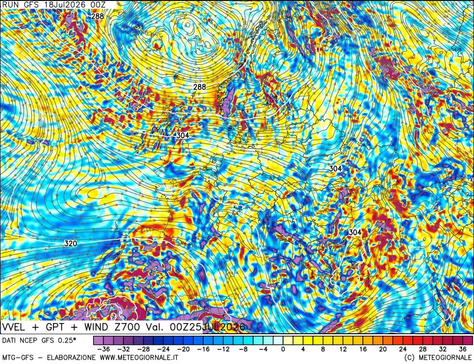mappa 700 hPa Velocità verticiali + GPT + Vento