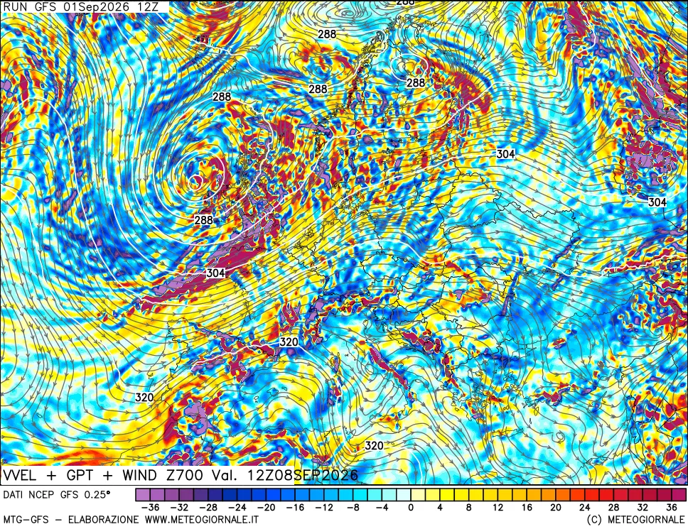 mappa 700 hPa Velocità verticiali + GPT + Vento