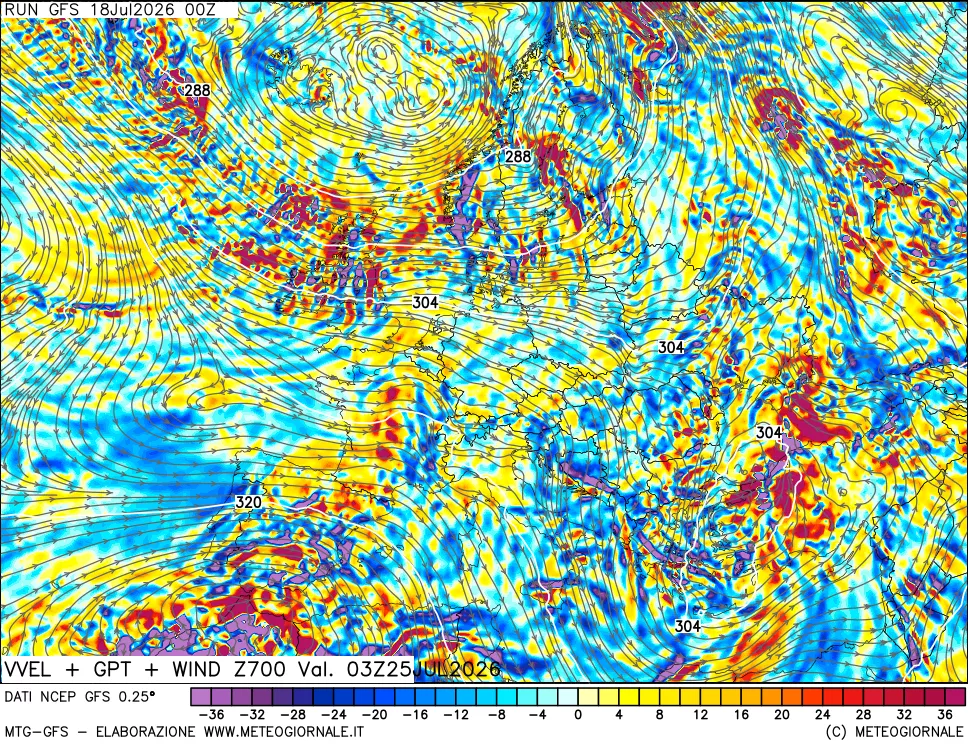 mappa 700 hPa Velocità verticiali + GPT + Vento