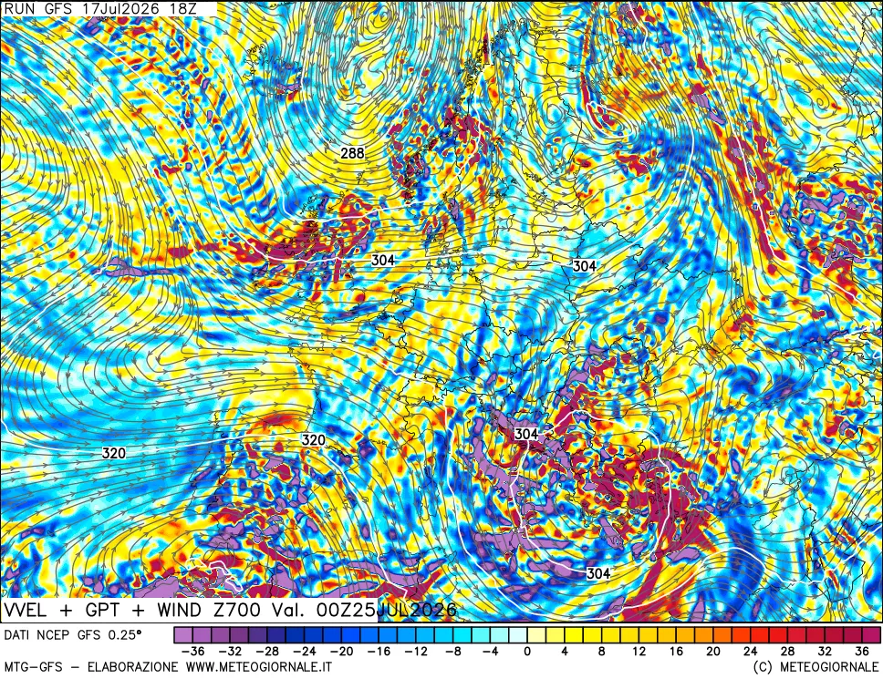 mappa 700 hPa Velocità verticiali + GPT + Vento