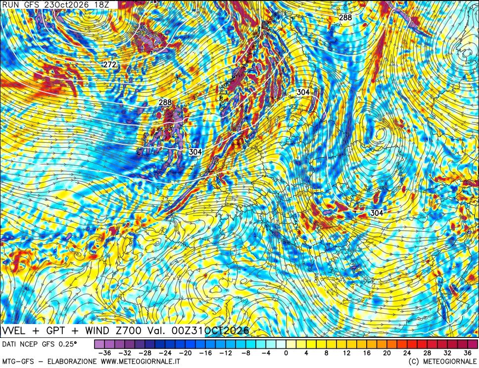 mappa 700 hPa Velocità verticiali + GPT + Vento