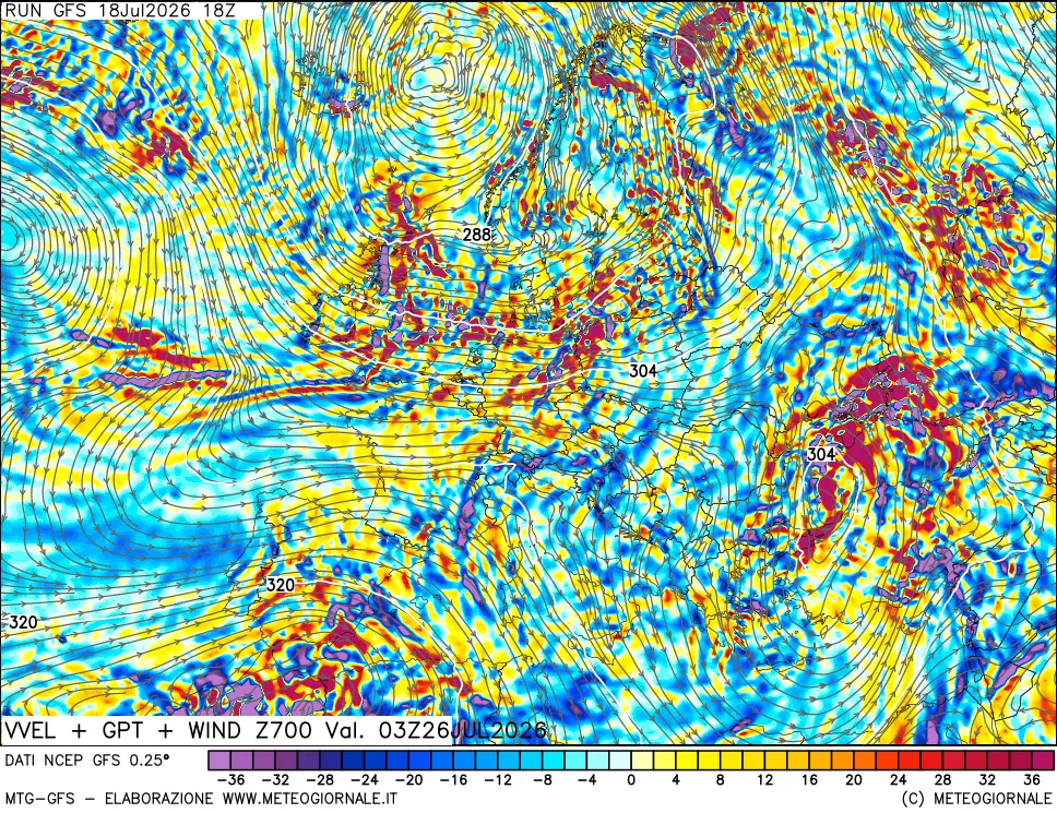mappa 700 hPa Velocità verticiali + GPT + Vento