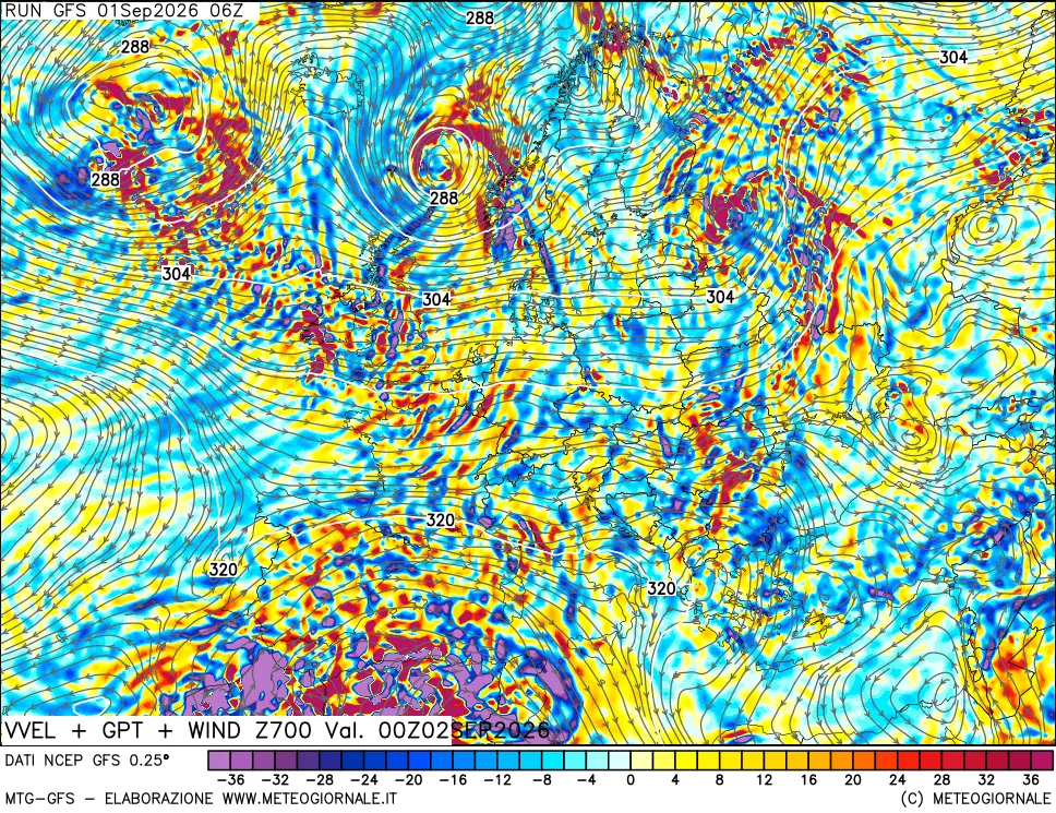mappa 700 hPa Velocità verticiali + GPT + Vento