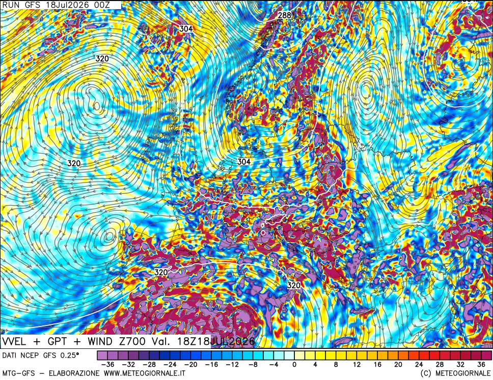 mappa 700 hPa Velocità verticiali + GPT + Vento