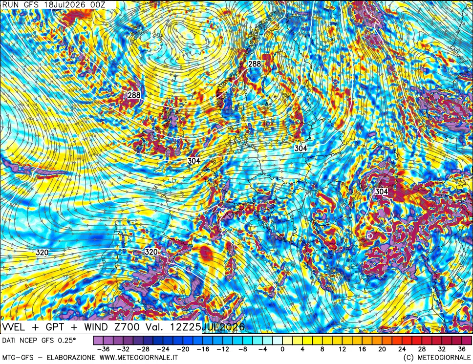 mappa 700 hPa Velocità verticiali + GPT + Vento