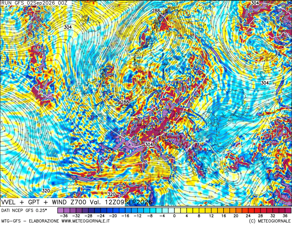 mappa 700 hPa Velocità verticiali + GPT + Vento