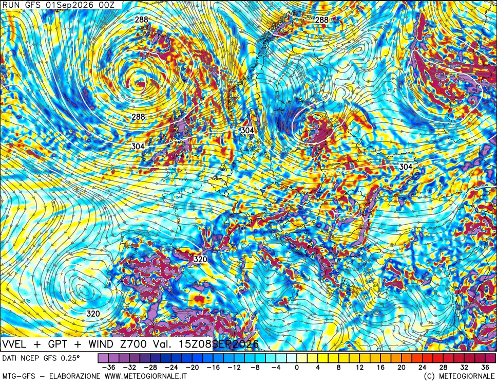 mappa 700 hPa Velocità verticiali + GPT + Vento