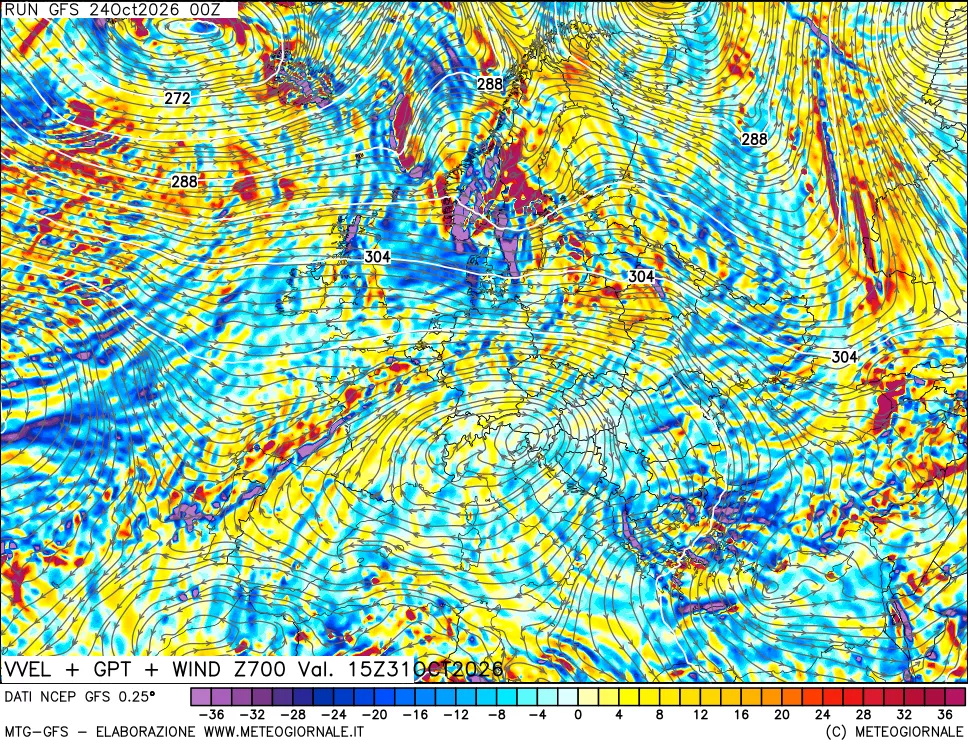 mappa 700 hPa Velocità verticiali + GPT + Vento