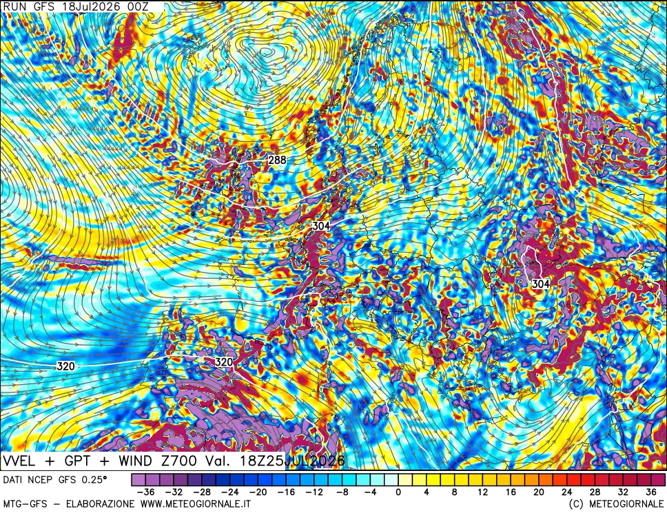 mappa 700 hPa Velocità verticiali + GPT + Vento