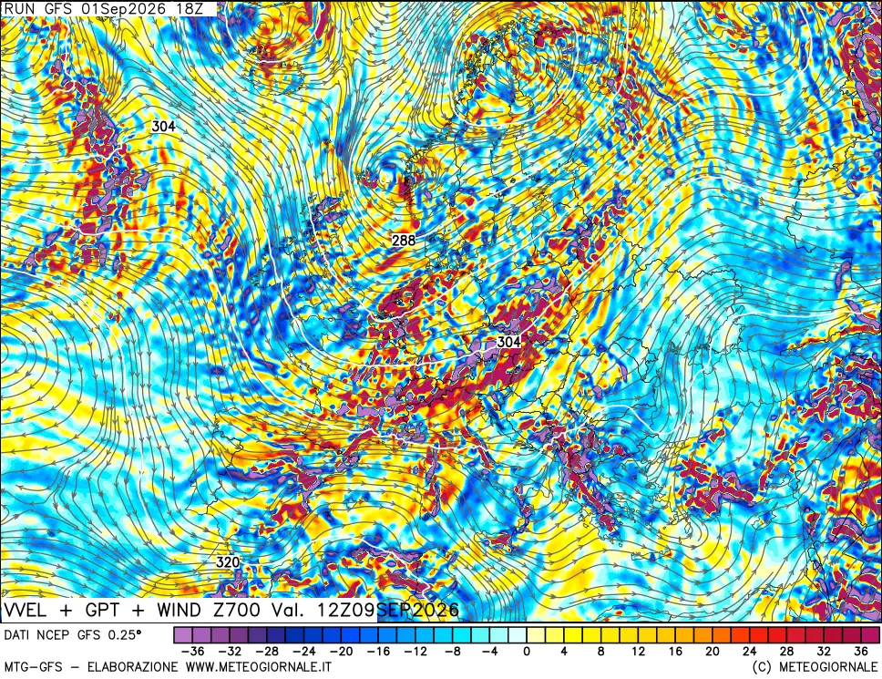 mappa 700 hPa Velocità verticiali + GPT + Vento
