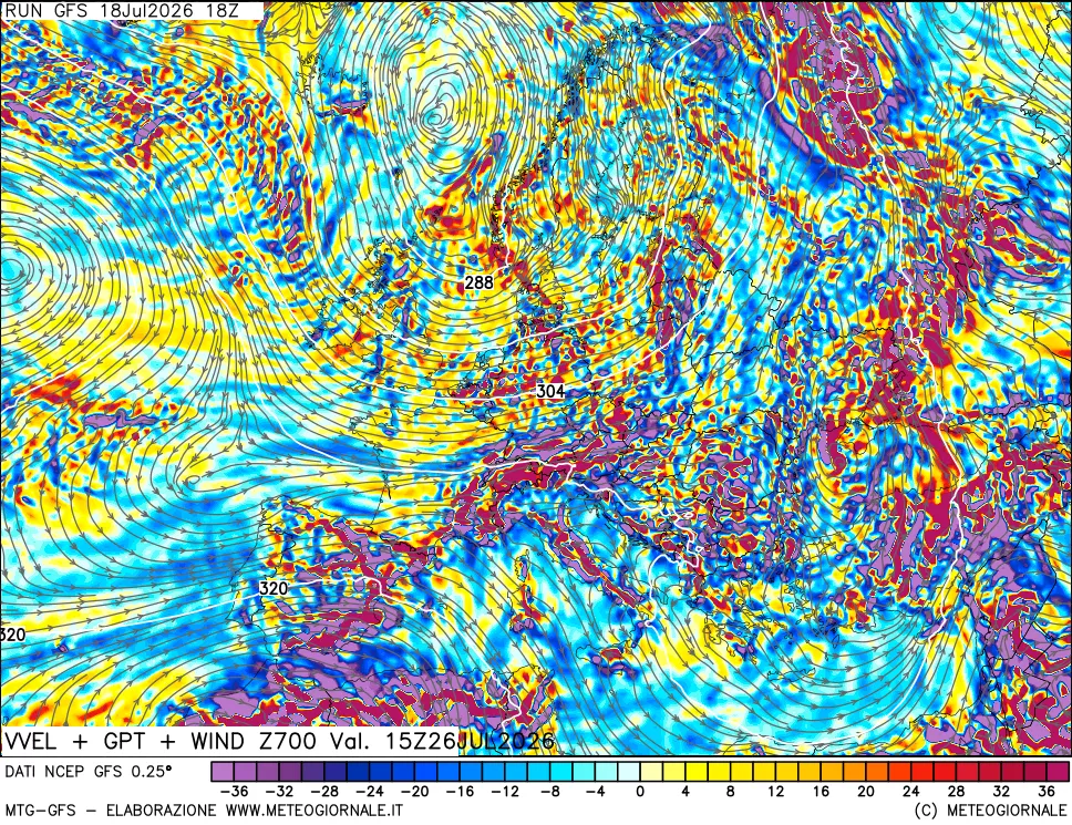 mappa 700 hPa Velocità verticiali + GPT + Vento