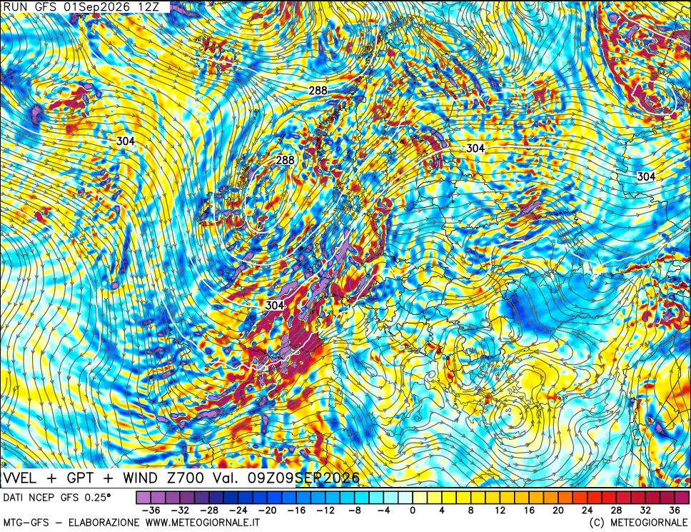 mappa 700 hPa Velocità verticiali + GPT + Vento