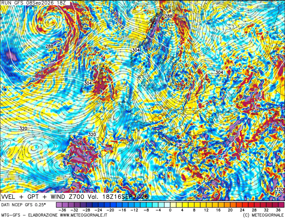 mappa 700 hPa Velocità verticiali + GPT + Vento