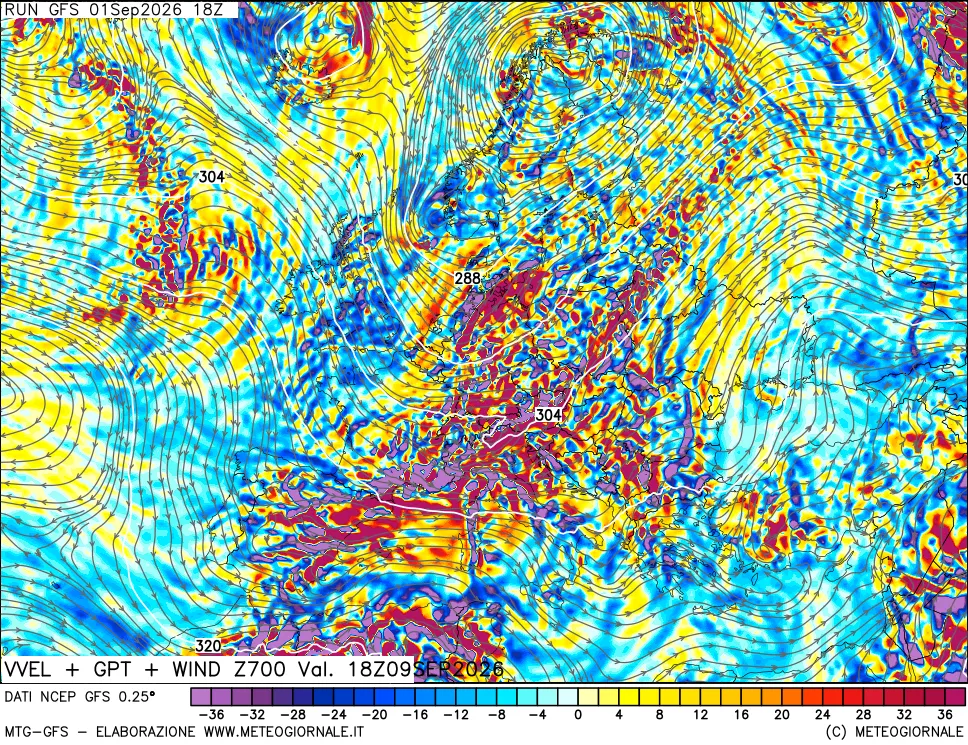 mappa 700 hPa Velocità verticiali + GPT + Vento