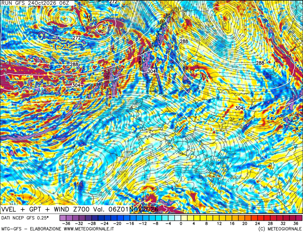 mappa 700 hPa Velocità verticiali + GPT + Vento