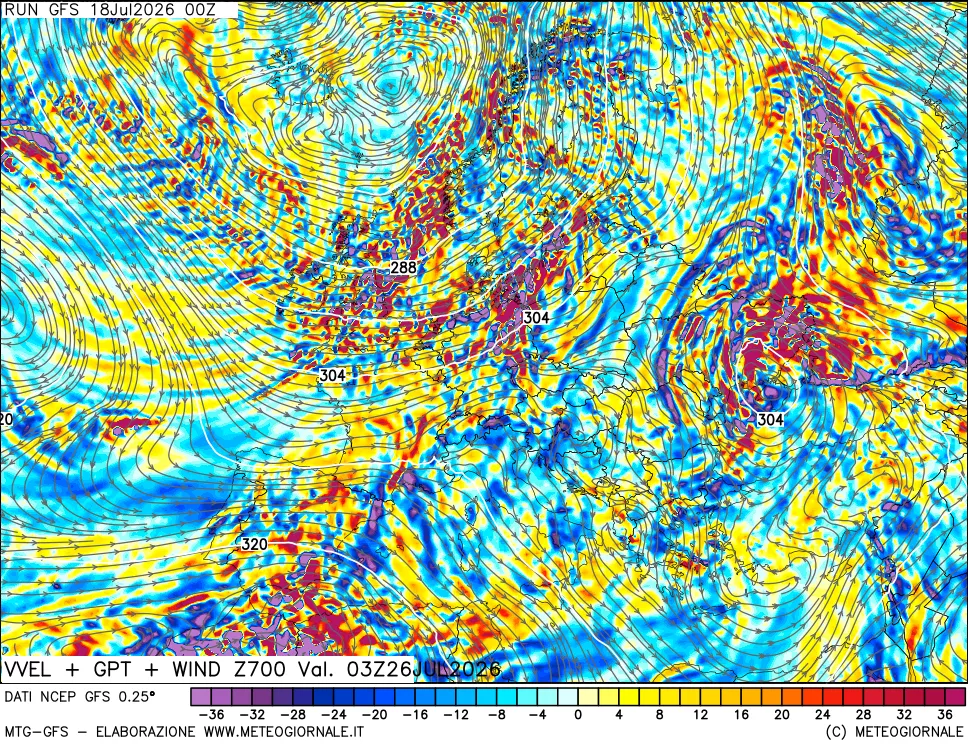 mappa 700 hPa Velocità verticiali + GPT + Vento