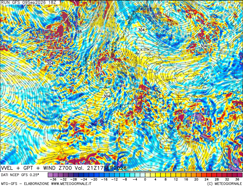 mappa 700 hPa Velocità verticiali + GPT + Vento