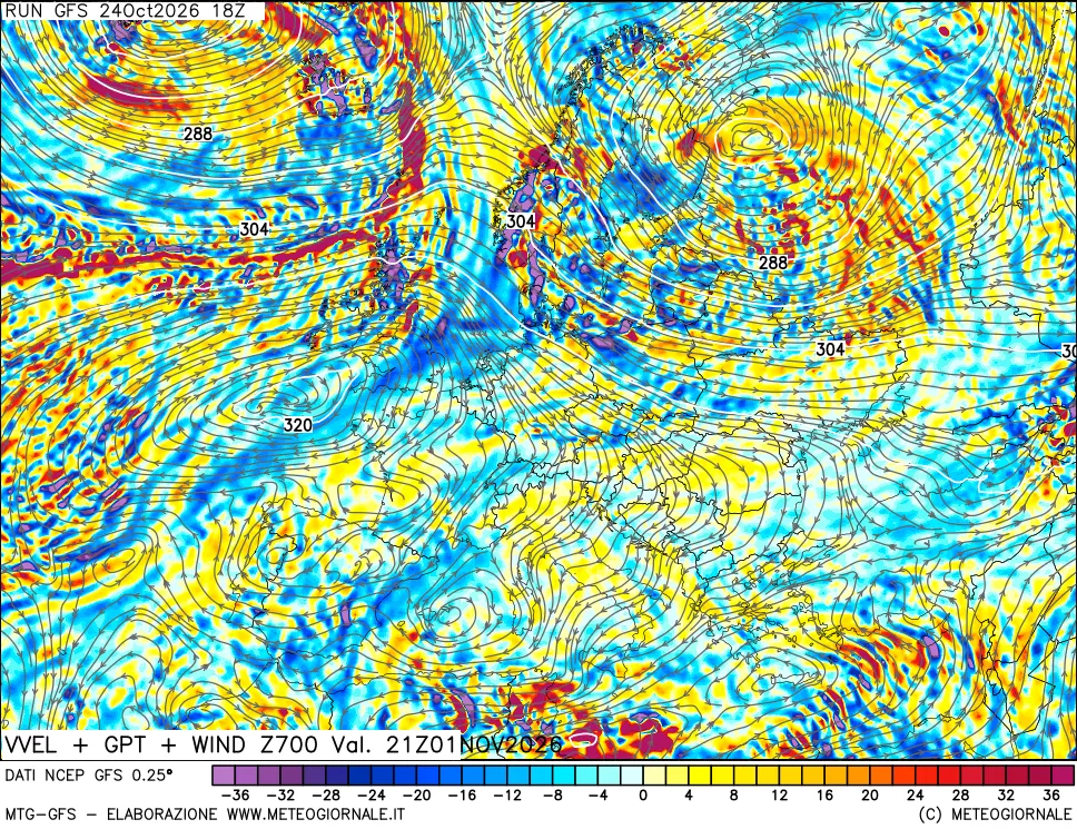 mappa 700 hPa Velocità verticiali + GPT + Vento